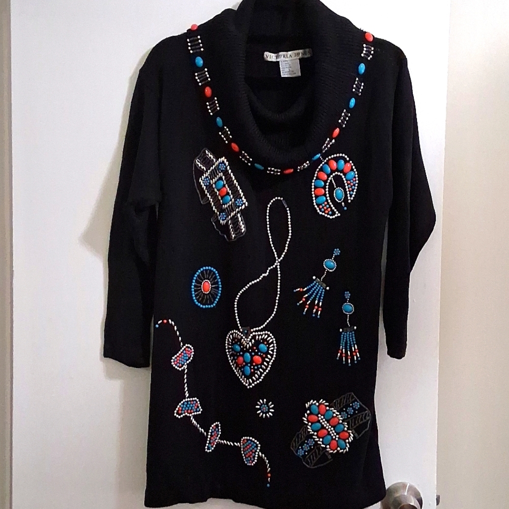 Victoria Jones Black Embellished Cowl Sweater Size L